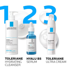 La Roche-Posay Hyalu B5 bottle next to a hand for scale to show product size