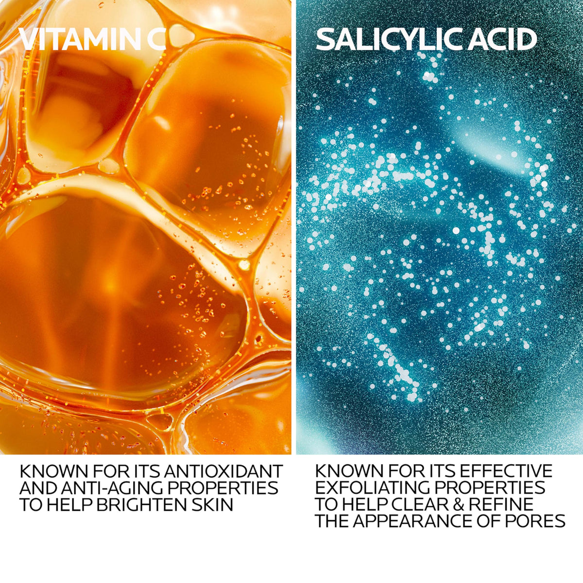 La Roche-Posay ingredient label showing Vitamin C, salicylic and hyaluronic acids for clarity