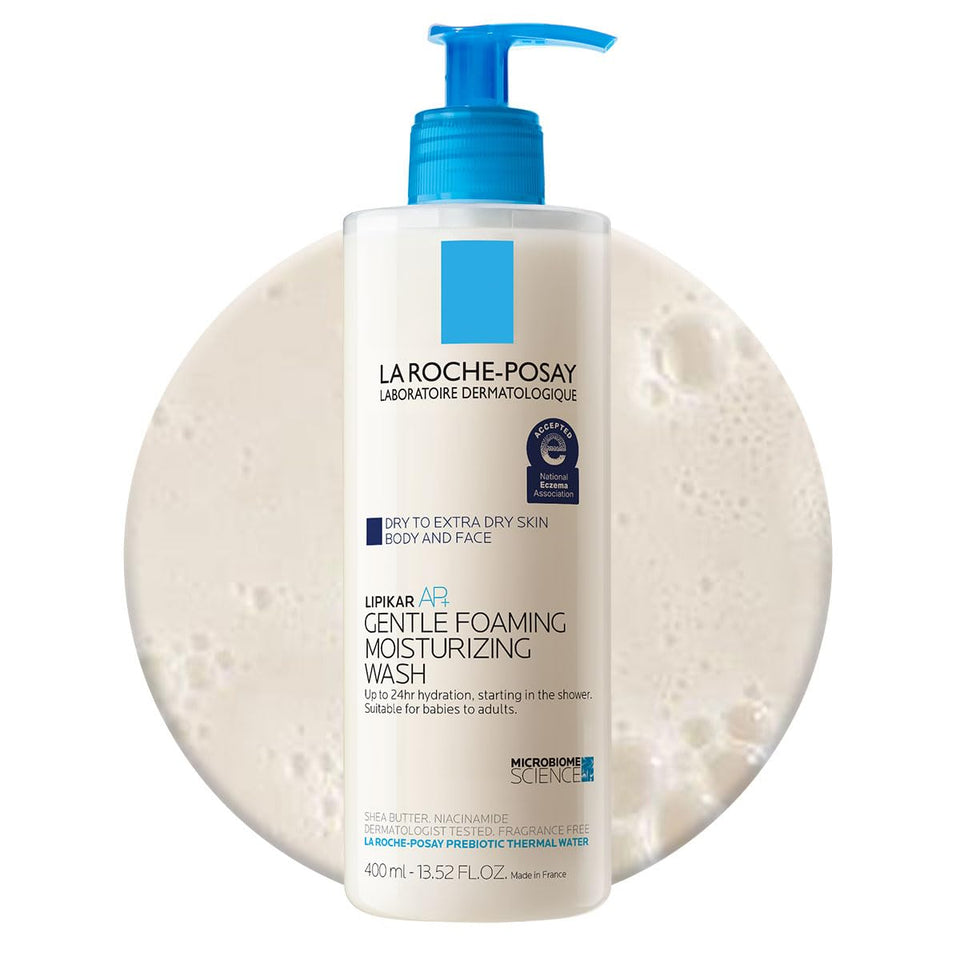 la roche-posay pump bottle front view showing easy dispensing benefit