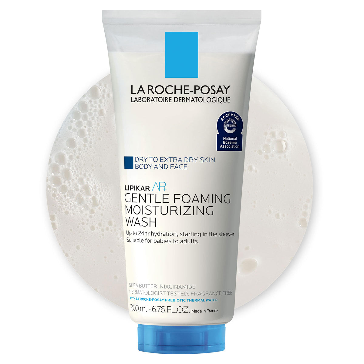 La Roche-Posay Lipikar AP+ front pump bottle showing product design and gentle formula benefits