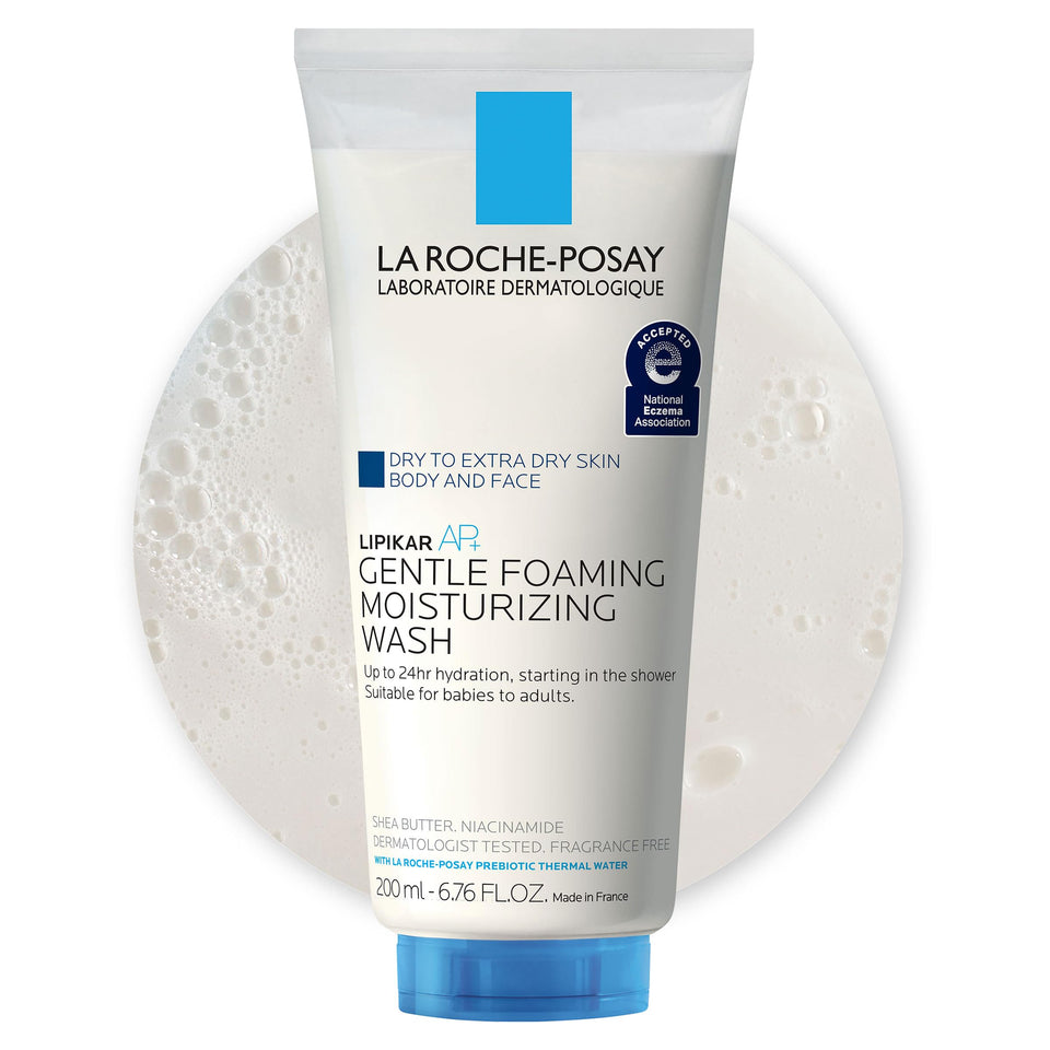 La Roche-Posay Lipikar AP+ front pump bottle showing product design and gentle formula benefits