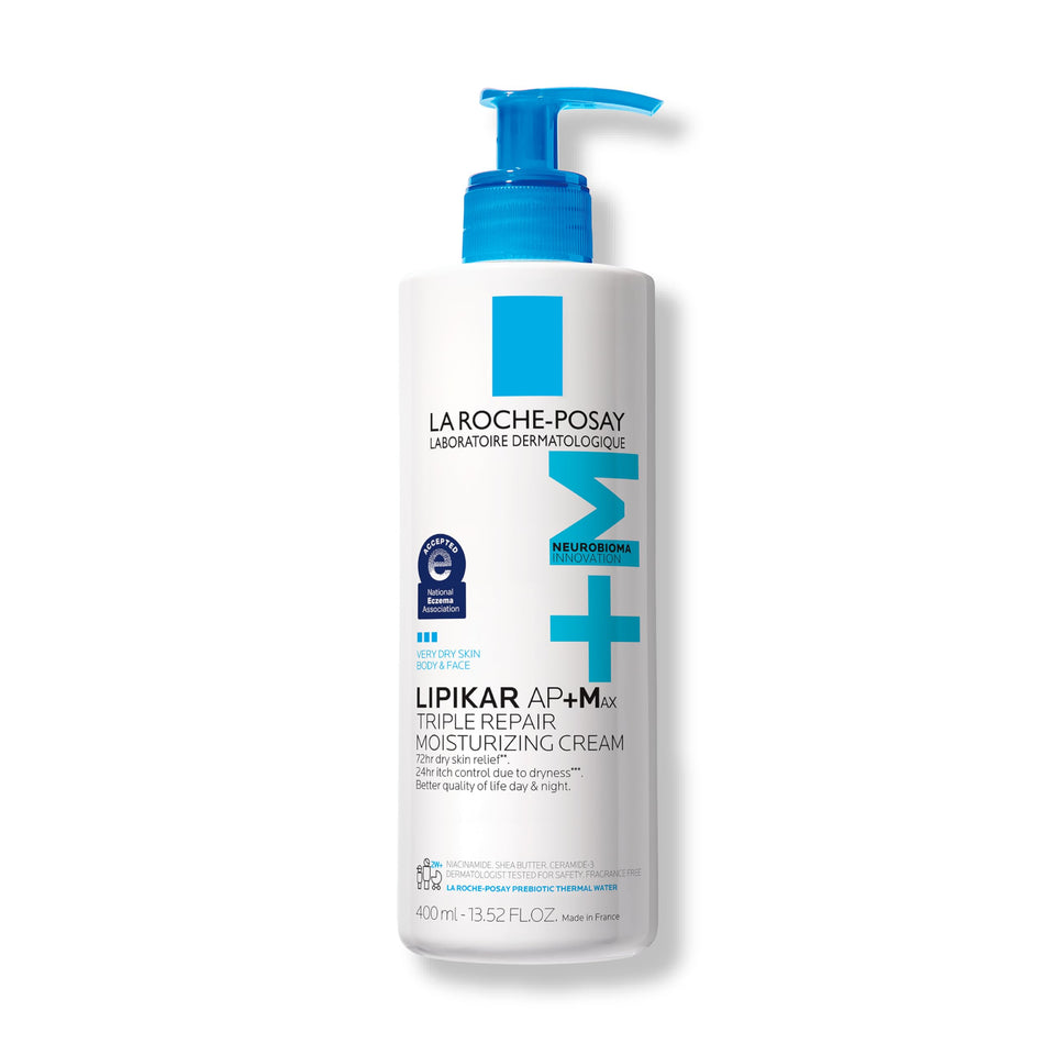 La Roche-Posay Lipikar AP+MAX front jar showing full-size packaging and clear label benefit