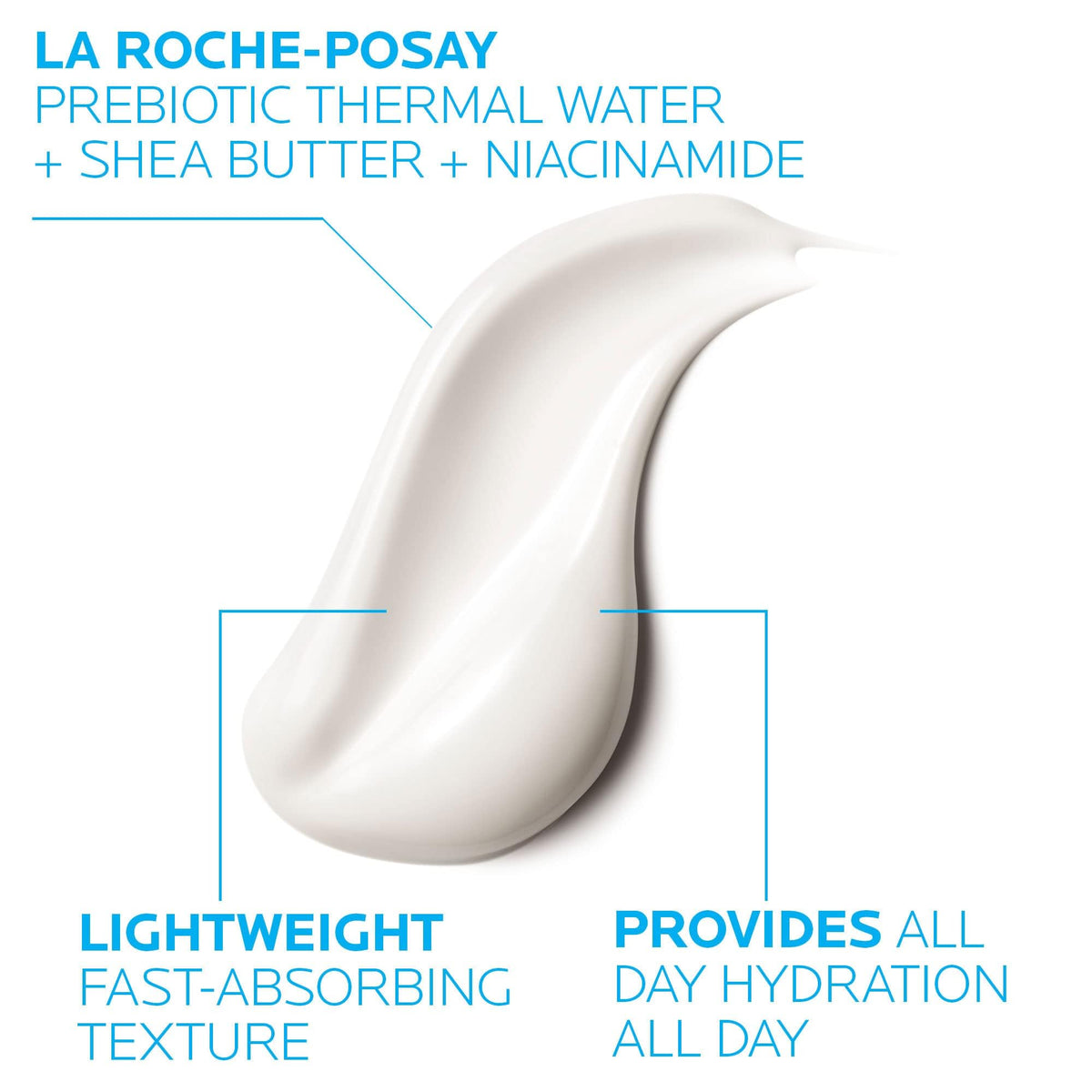 La Roche-Posay texture close-up displaying creamy, fast-absorbing lotion for hydration