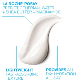 La Roche-Posay texture close-up displaying creamy, fast-absorbing lotion for hydration