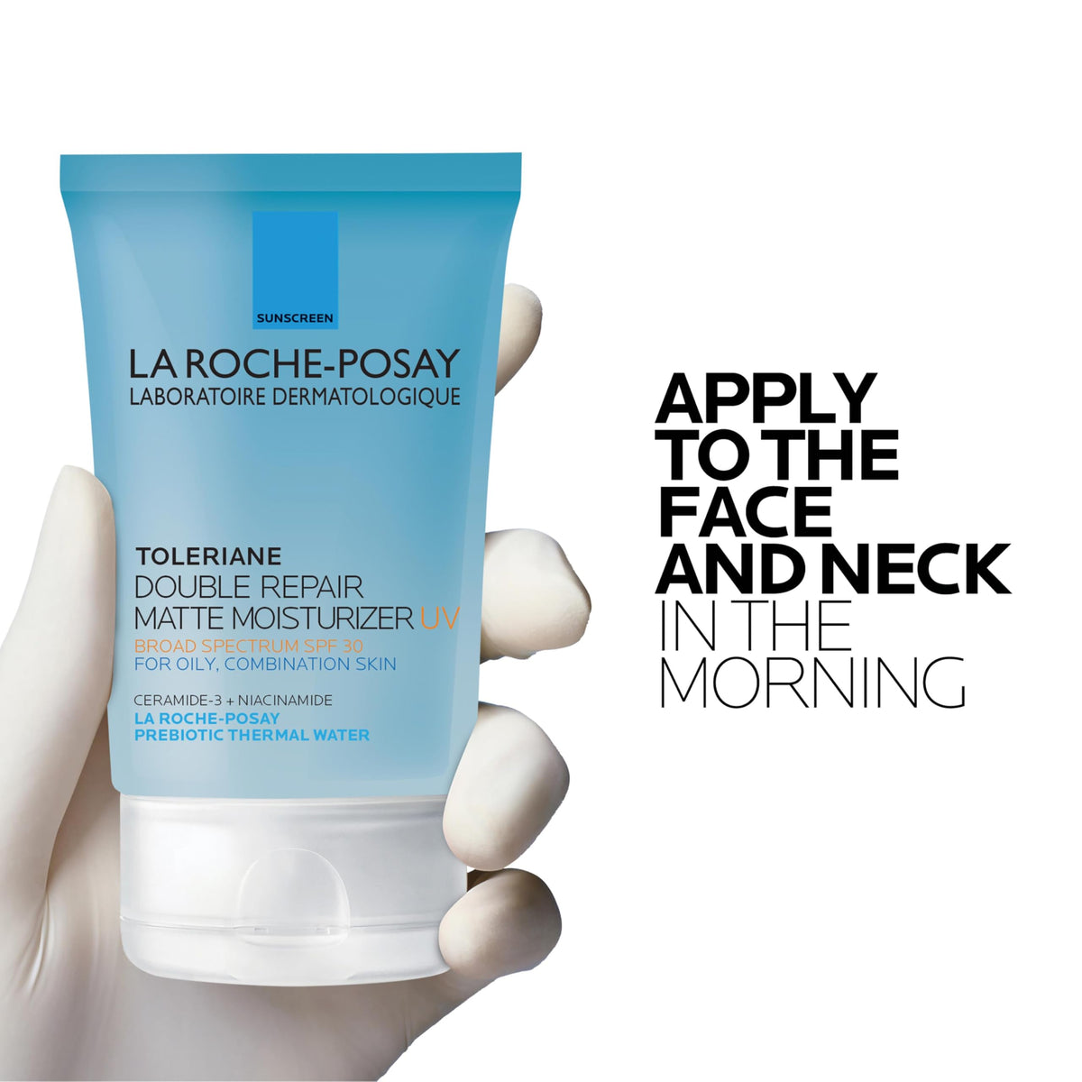 La Roche-Posay model with matte-finish skin illustrating pore-blurring effect