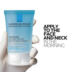 La Roche-Posay model with matte-finish skin illustrating pore-blurring effect