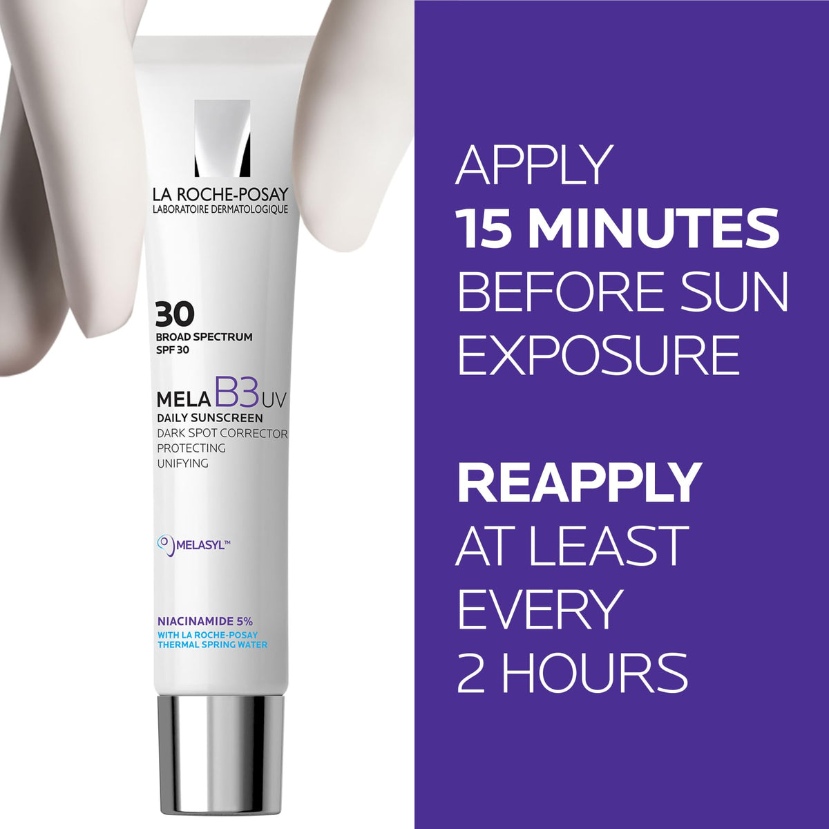 La Roche-Posay product swatch on hand illustrating even spread and no white cast benefit