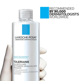 La Roche-Posay micellar water on bathroom counter, easy no-rinse cleansing routine benefit