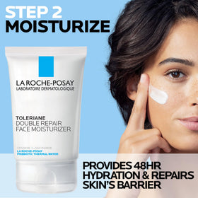 La Roche-Posay moisturizer tube angled to show label and fast-absorbing hydration benefit