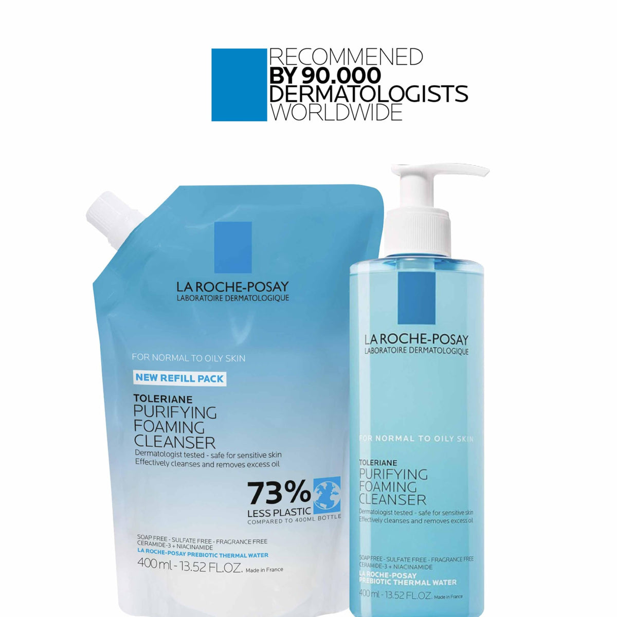 La Roche-Posay refill pouch emphasizing reduced plastic and eco benefit