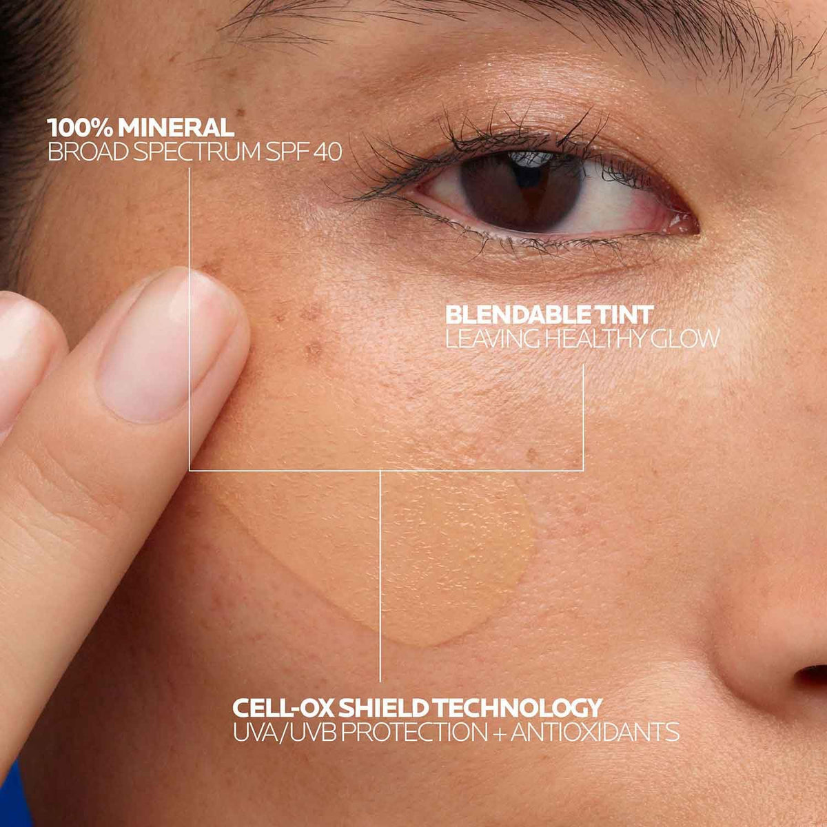 La Roche-Posay close-up of sunscreen texture showing blendable, matte finish