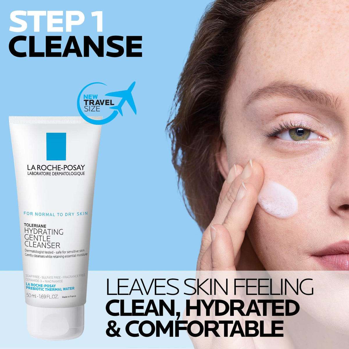 La Roche-Posay cleanser pump close-up demonstrating mild dispensing for gentle cleansing