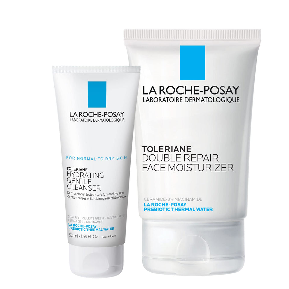 La Roche-Posay front packaging showing the travel duo and clear benefit of gentle care