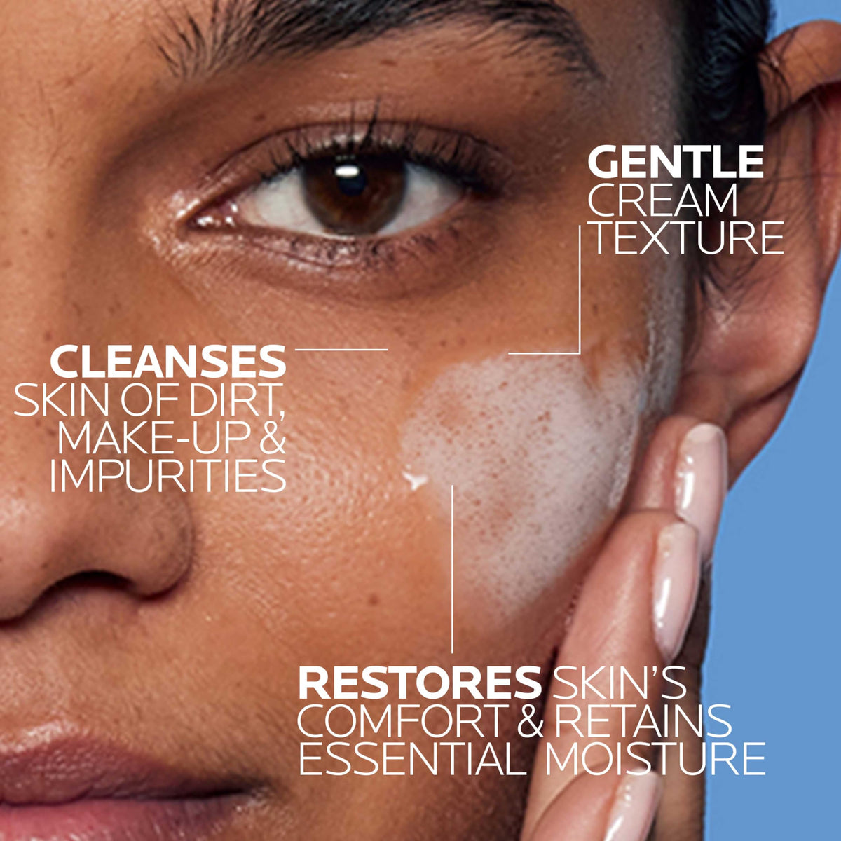 La Roche-Posay creamy milky texture close-up demonstrating hydrating, non-stripping formula