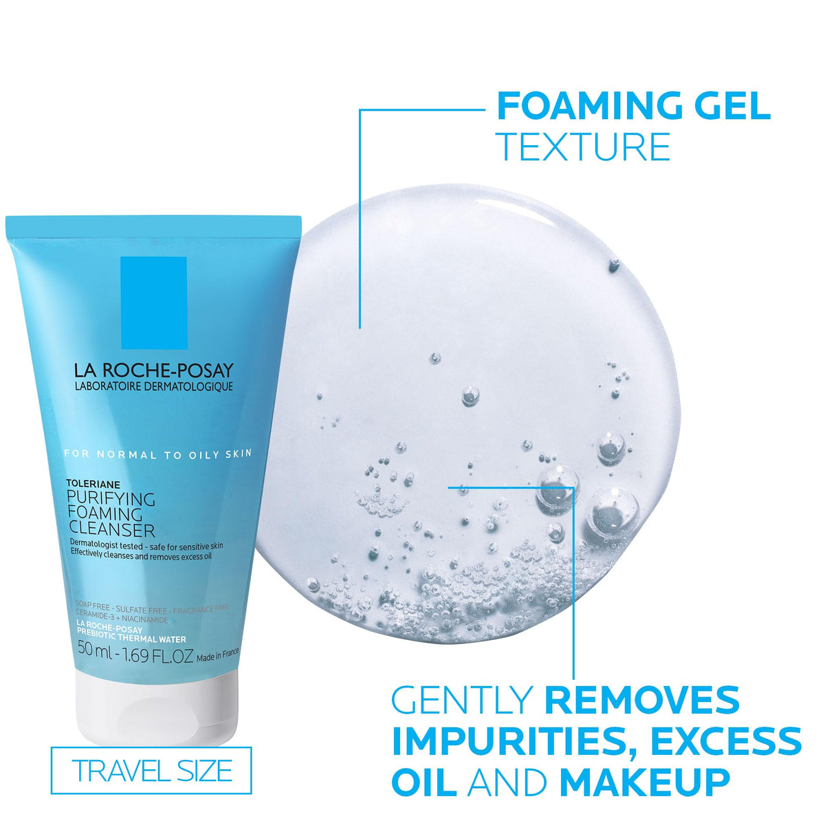 La Roche-Posay travel set held in hand to show compact size and convenient travel benefit