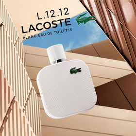 Lacoste L.12.12 Blanc close-up of label and cap highlighting premium branding benefit