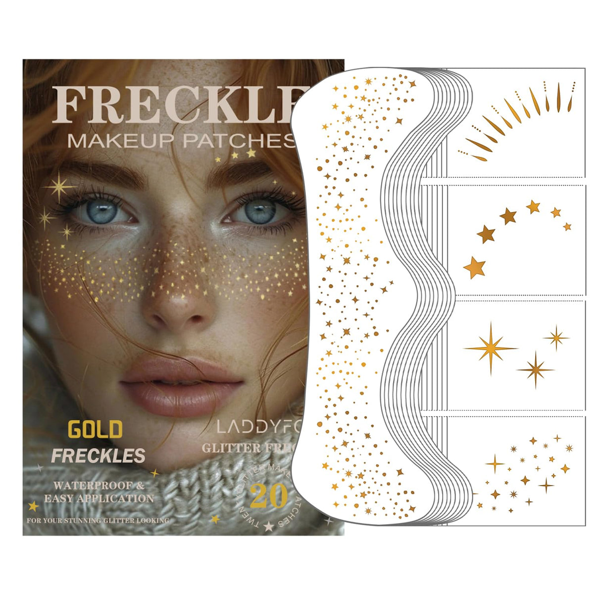 LADDYFOX front packaging showing gold glitter patches and kit contents benefit: clear pack preview