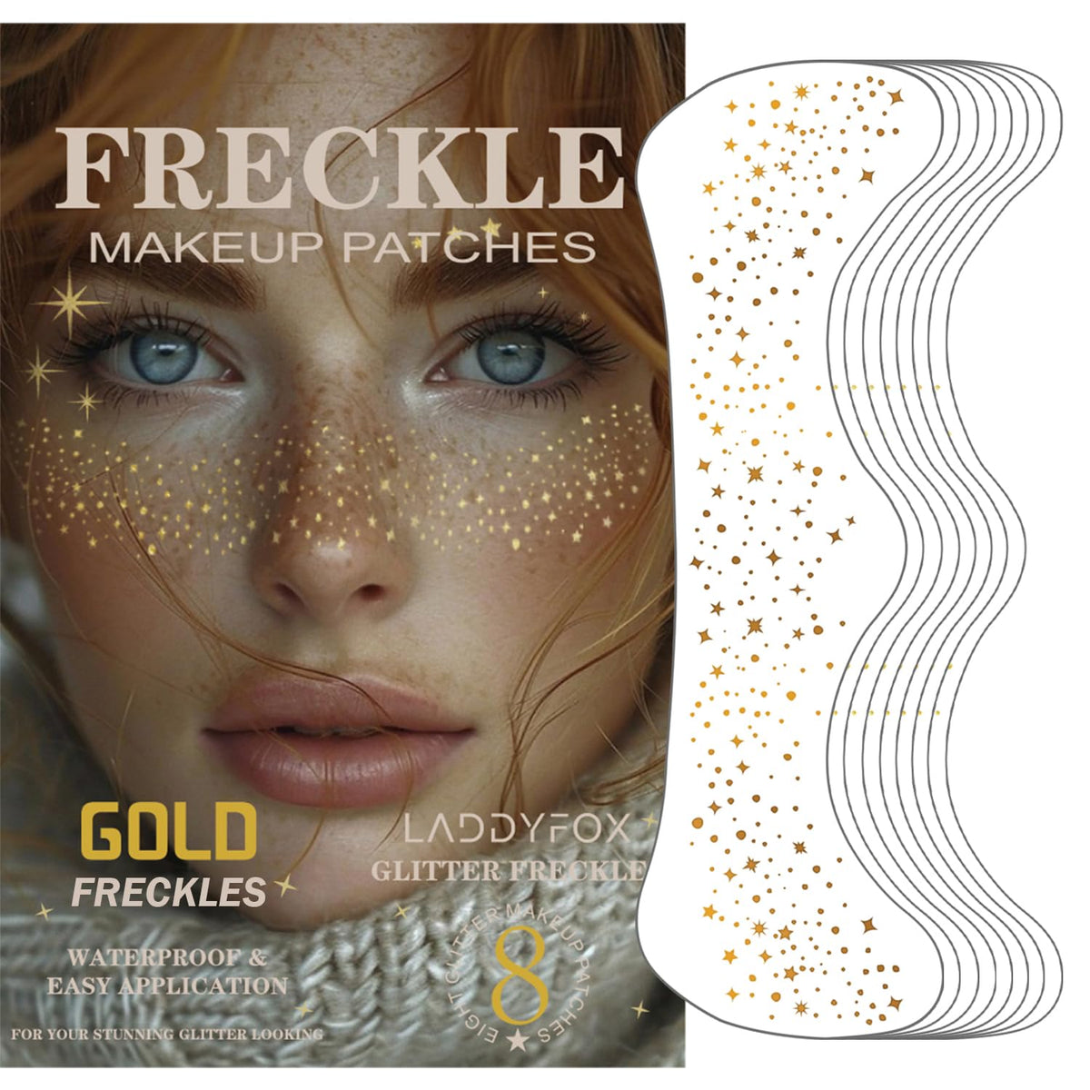 LADDYFOX front packaging showing eight gold glitter freckle patches and benefits