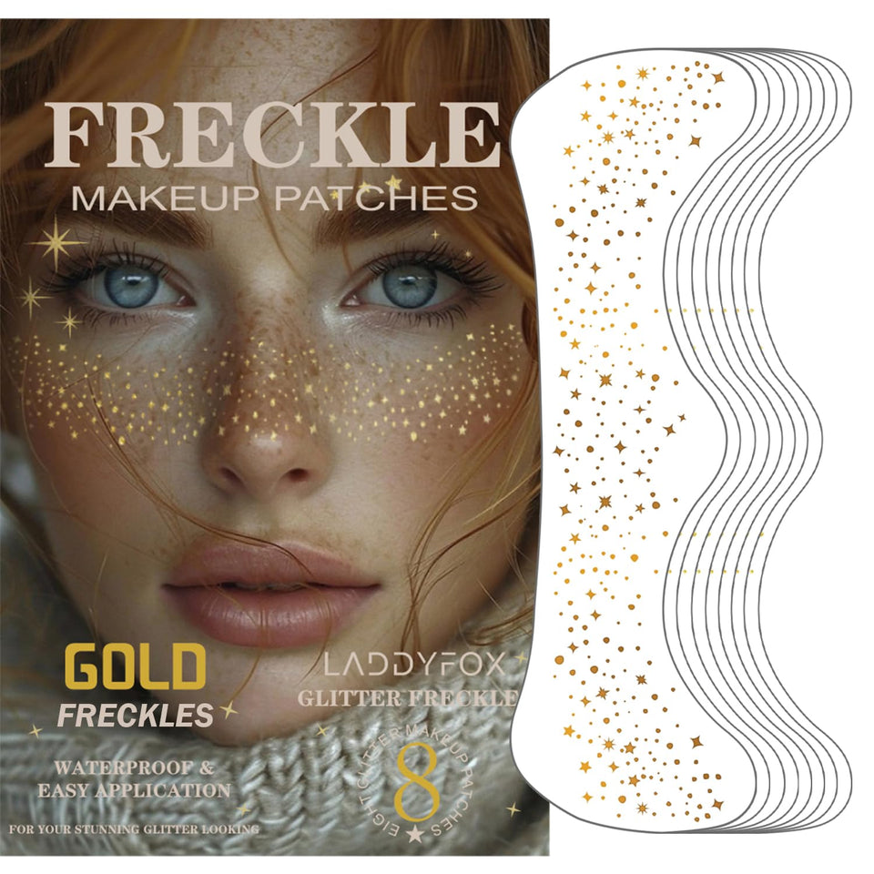 LADDYFOX front packaging showing eight gold glitter freckle patches and benefits