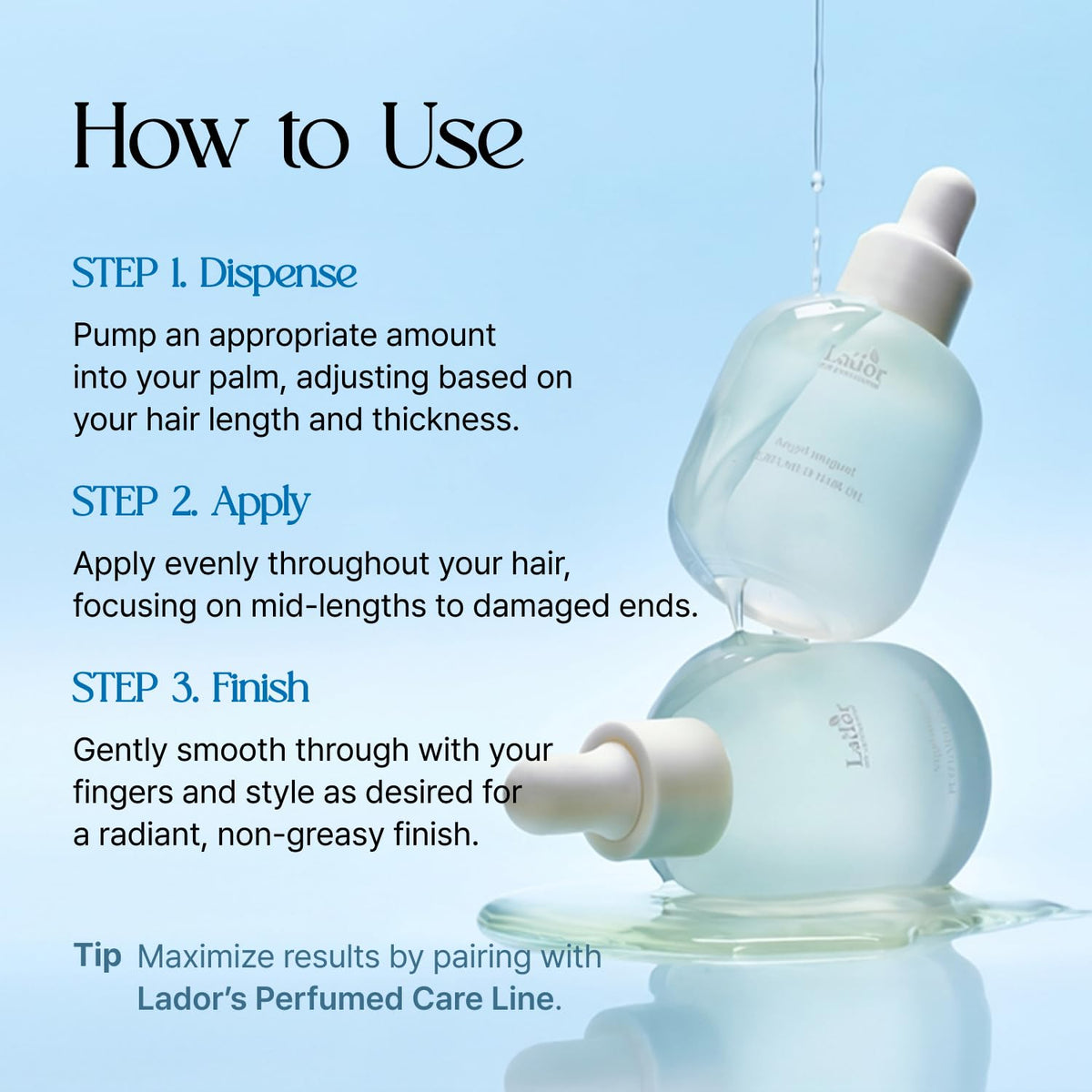 LA'DOR applied to dry styled hair demonstrating smooth finish and frizz control benefit