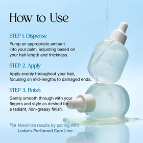 LA'DOR applied to dry styled hair demonstrating smooth finish and frizz control benefit