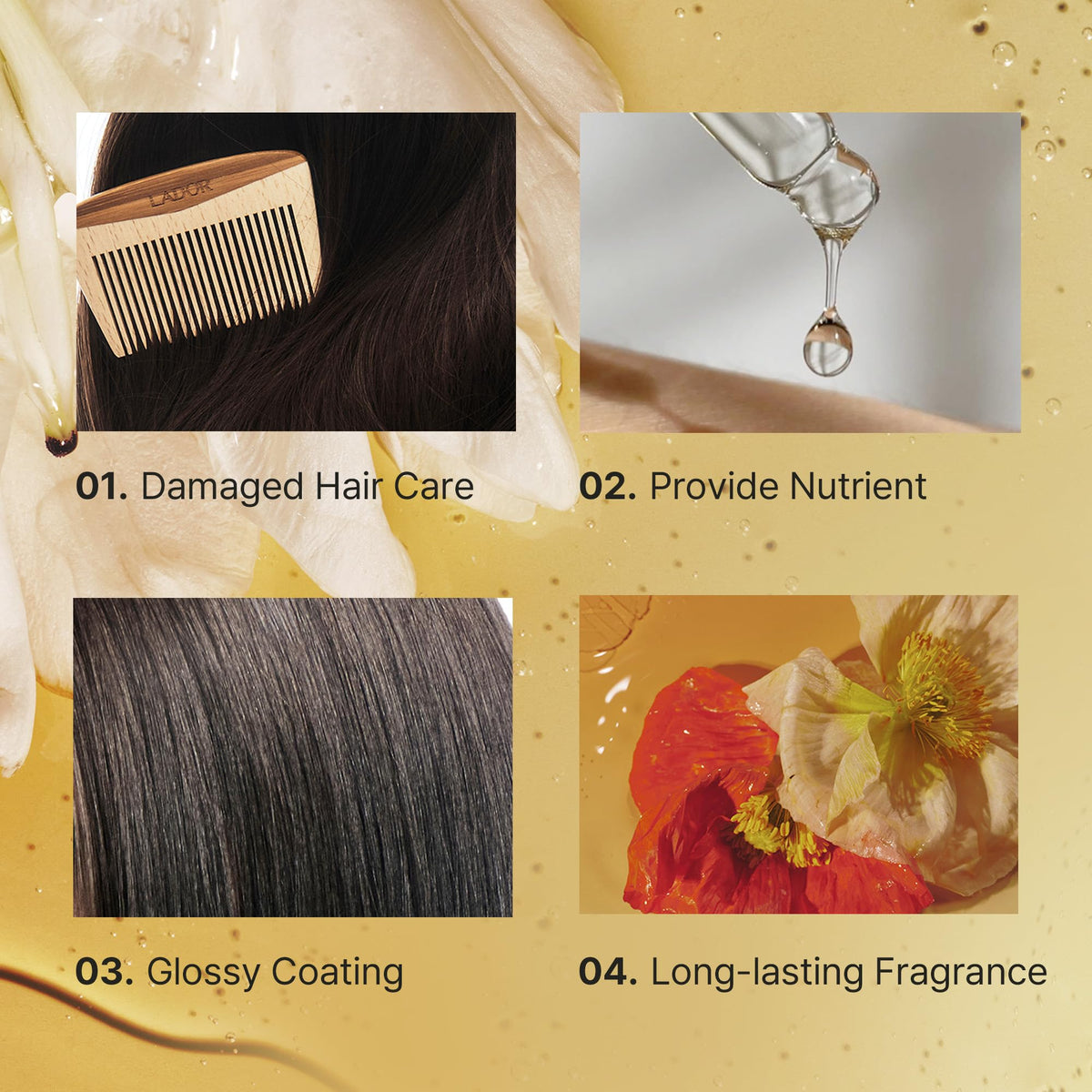 LA'DOR oil texture close-up showing smooth lightweight consistency benefit non-sticky finish