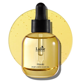 LA'DOR front bottle showing Hinoki scent and glossy finish benefit