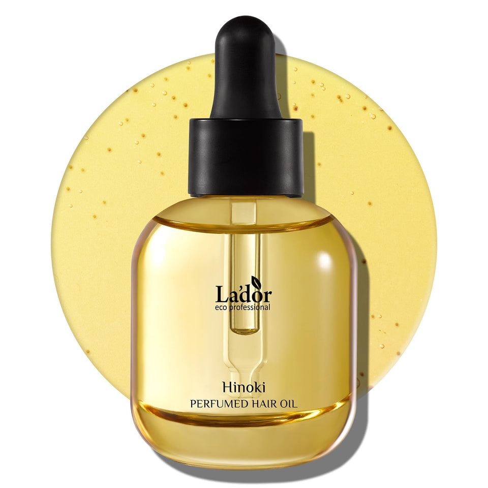 LA'DOR front bottle showing Hinoki scent and glossy finish benefit