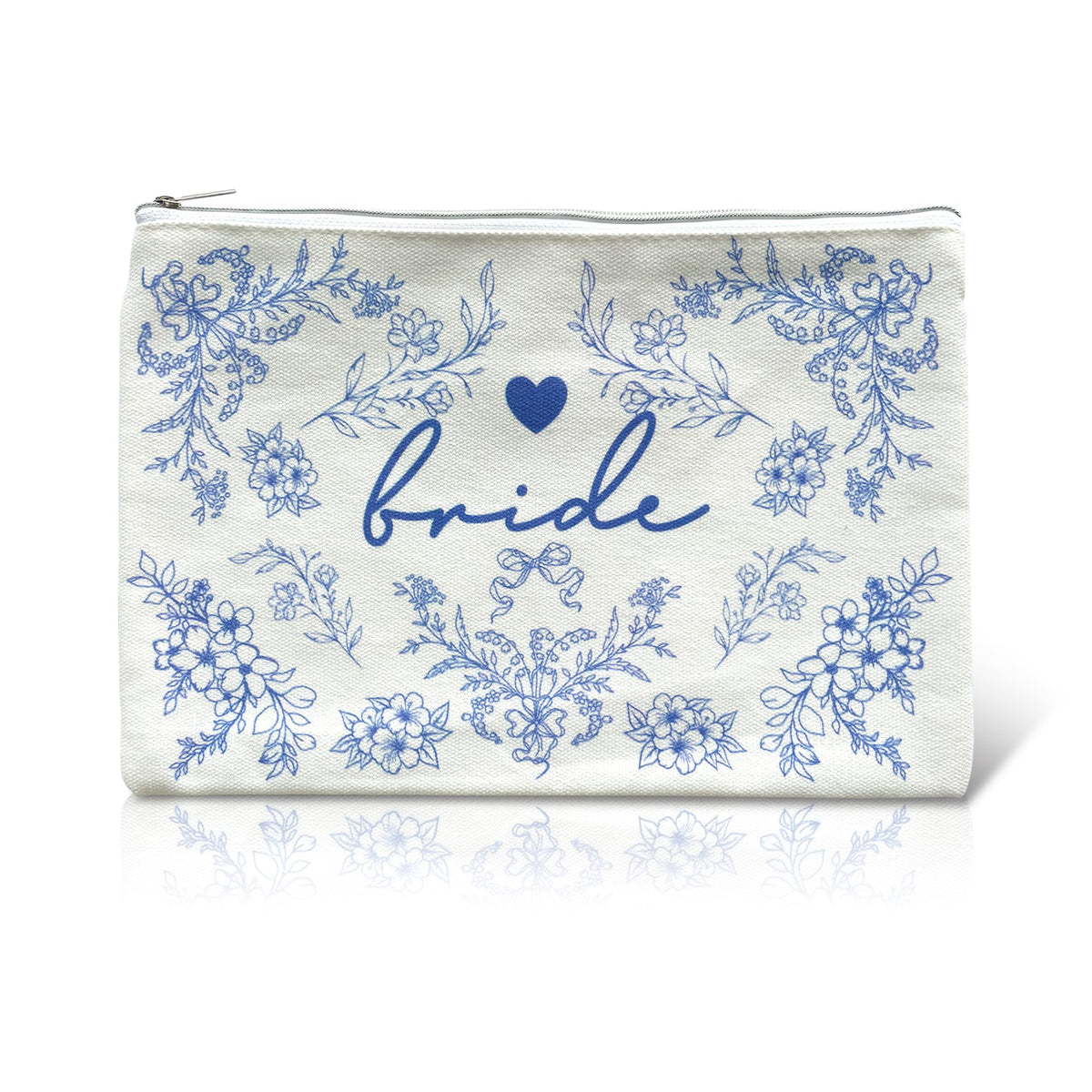 LADY&HOME front view of bride makeup bag showing elegant blue pattern and bride script