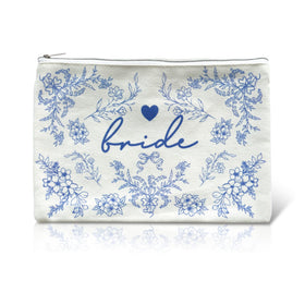 LADY&HOME front view of bride makeup bag showing elegant blue pattern and bride script