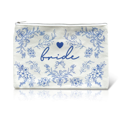 LADY&HOME front view of bride makeup bag showing elegant blue pattern and bride script