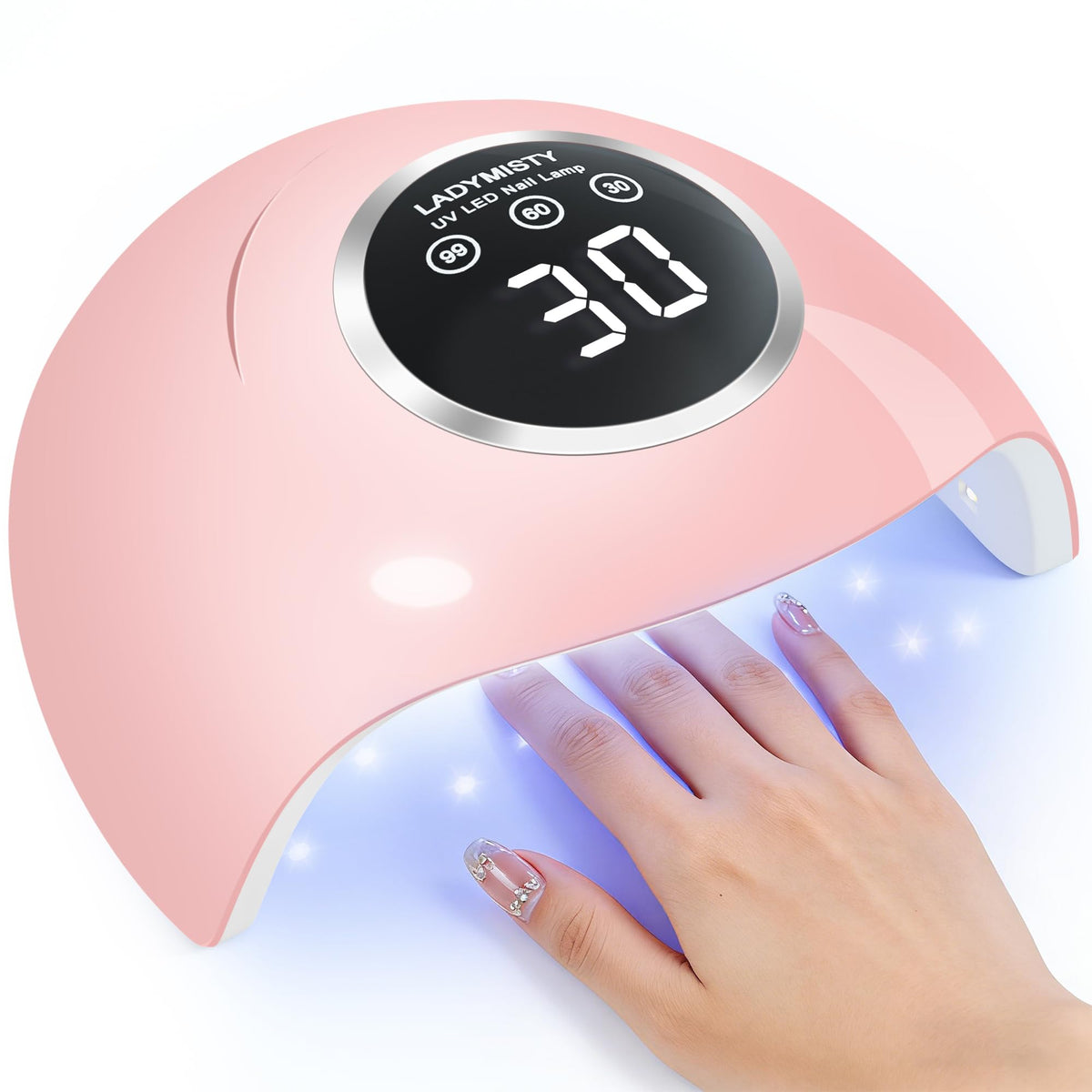 LadyMisty front view of pink 72W UV LED nail lamp showing compact design and fast curing