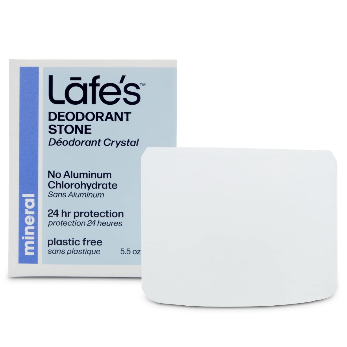 Lafe's unscented crystal rock front packaging showing size and natural branding, low-waste benefit