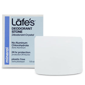 Lafe's unscented crystal rock front packaging showing size and natural branding, low-waste benefit