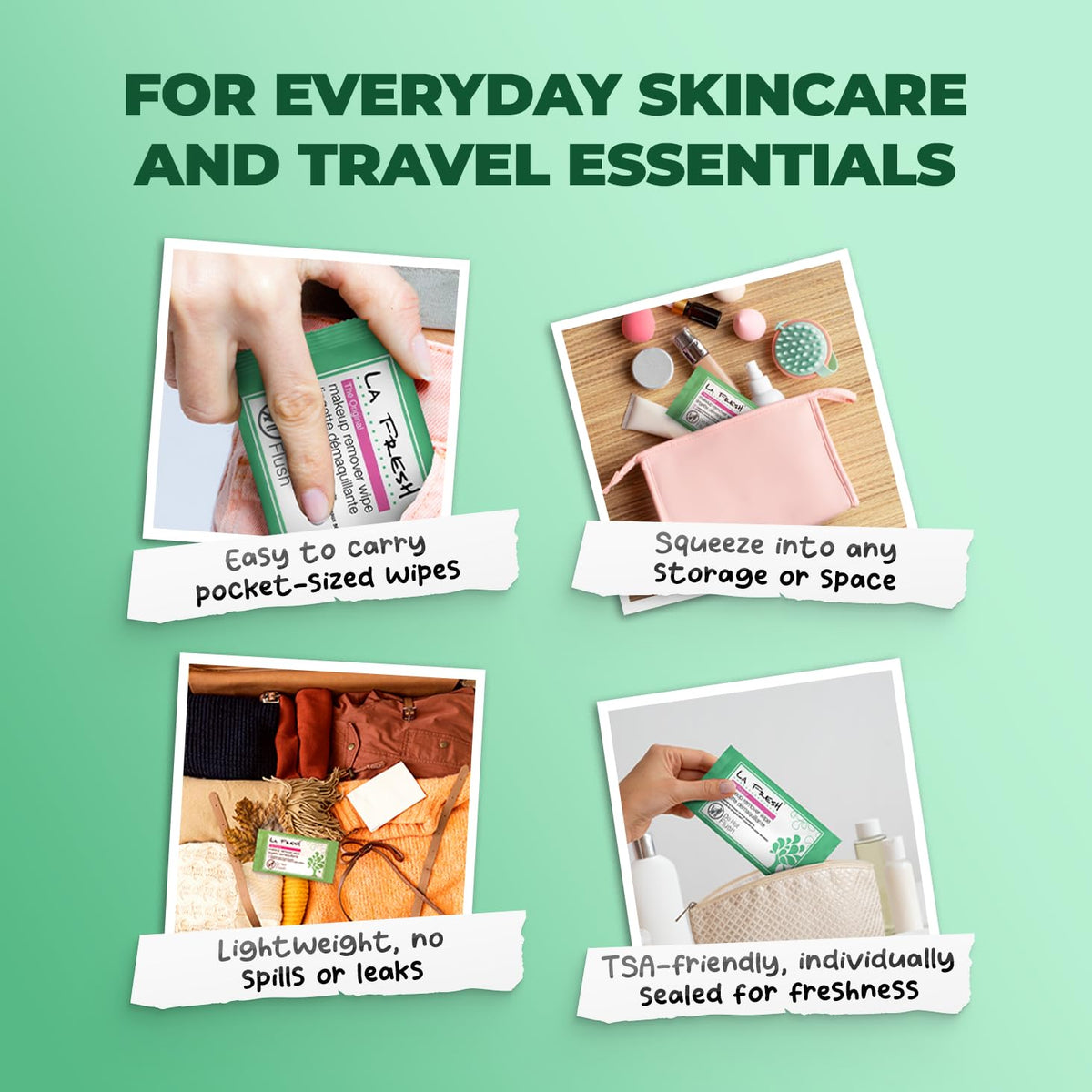 LA Fresh individually sealed wipe highlighting travel-friendly convenience
