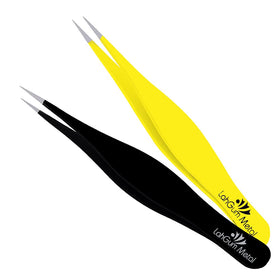 LahGum Metal front view of tweezer pair showing professional packaging and benefit of durability