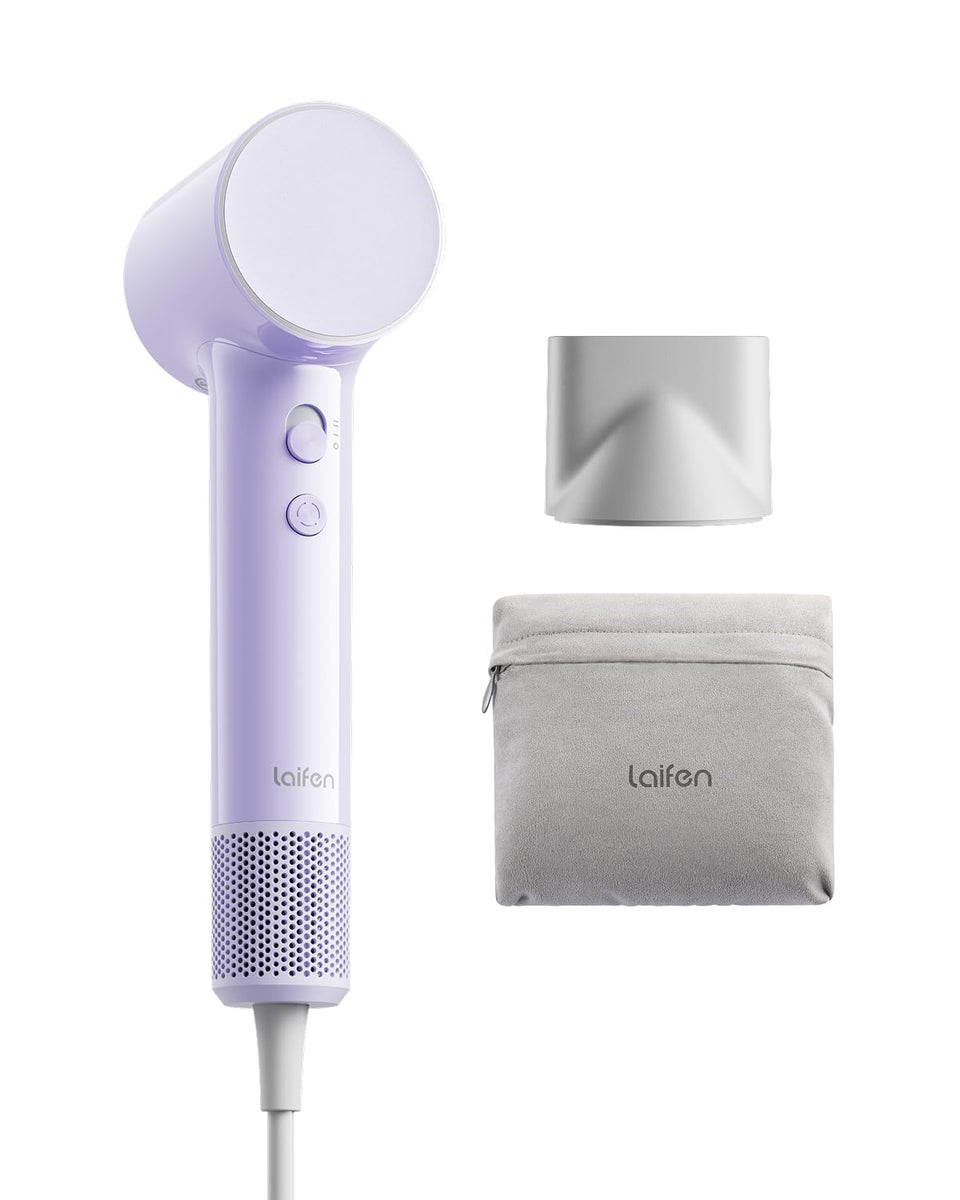 Laifen front view of the purple palm-sized hair dryer showing compact design and power
