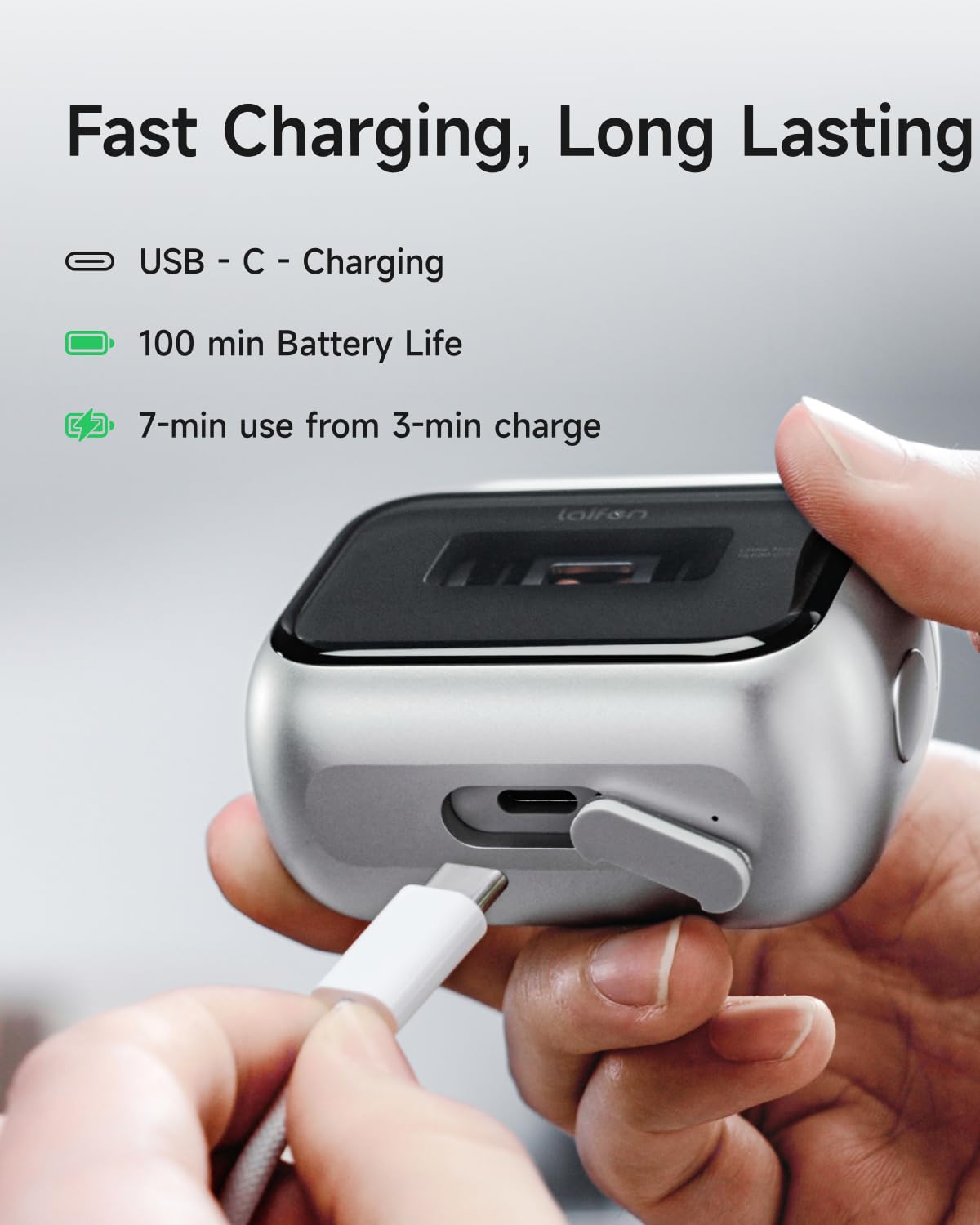 Laifen P3 Pro connected to USB-C cable displaying fast charging capability