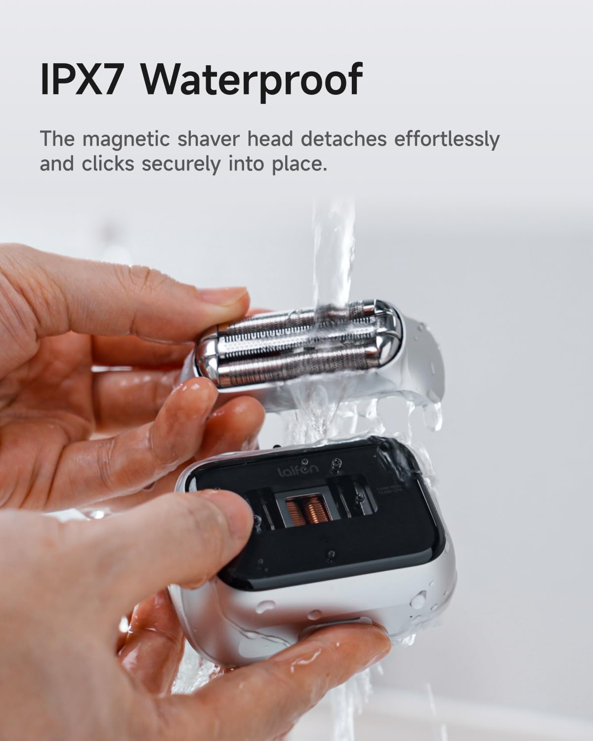 Laifen P3 Pro magnetic head detached showing quick-clean, tool-free maintenance