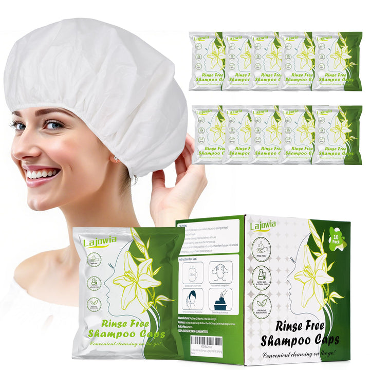 Lajowia front packaging showing 10 no-rinse shampoo caps and benefits