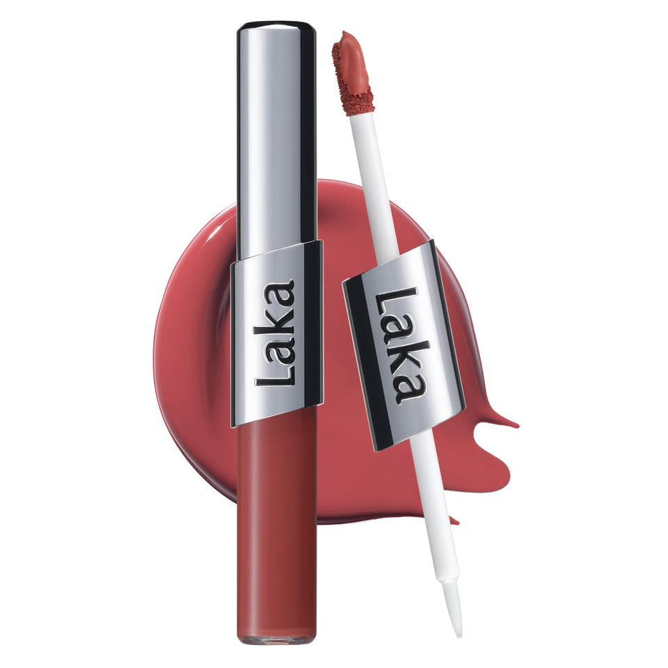 Laka front packaging of Perfect Twin Lip in Salty Fig showing both ends and shade