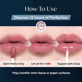 Laka matte applied to lips demonstrating opaque coverage and satin finish