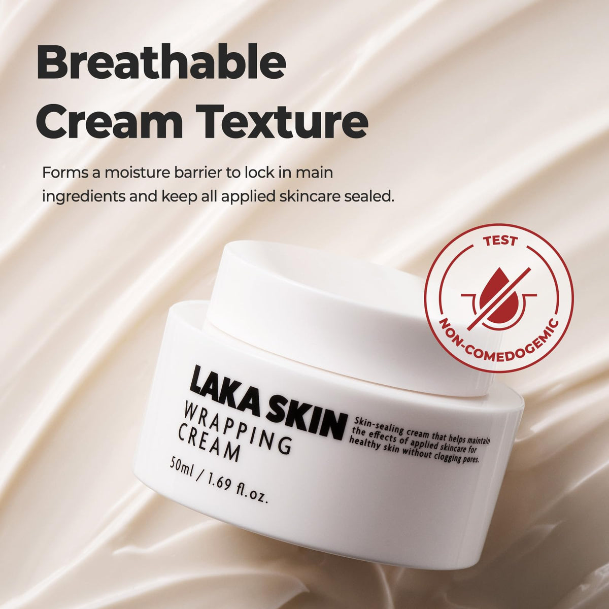 Applying Laka Wrapping Cream to cheek to show smooth finish and hydration boost