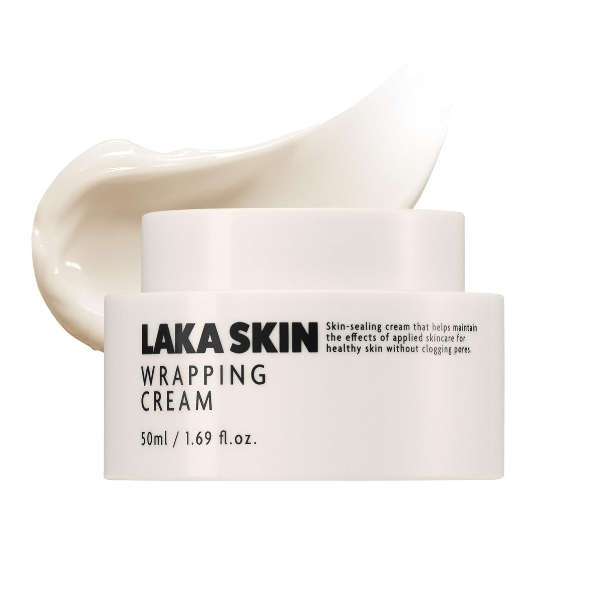 Laka Wrapping Cream front jar showing clean branding and compact size for travel