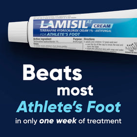 Cream texture on fingertip demonstrating Lamisil spreadability and fast relief