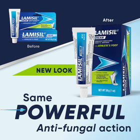Close-up of Lamisil tube label emphasizing prescription-strength terbinafine