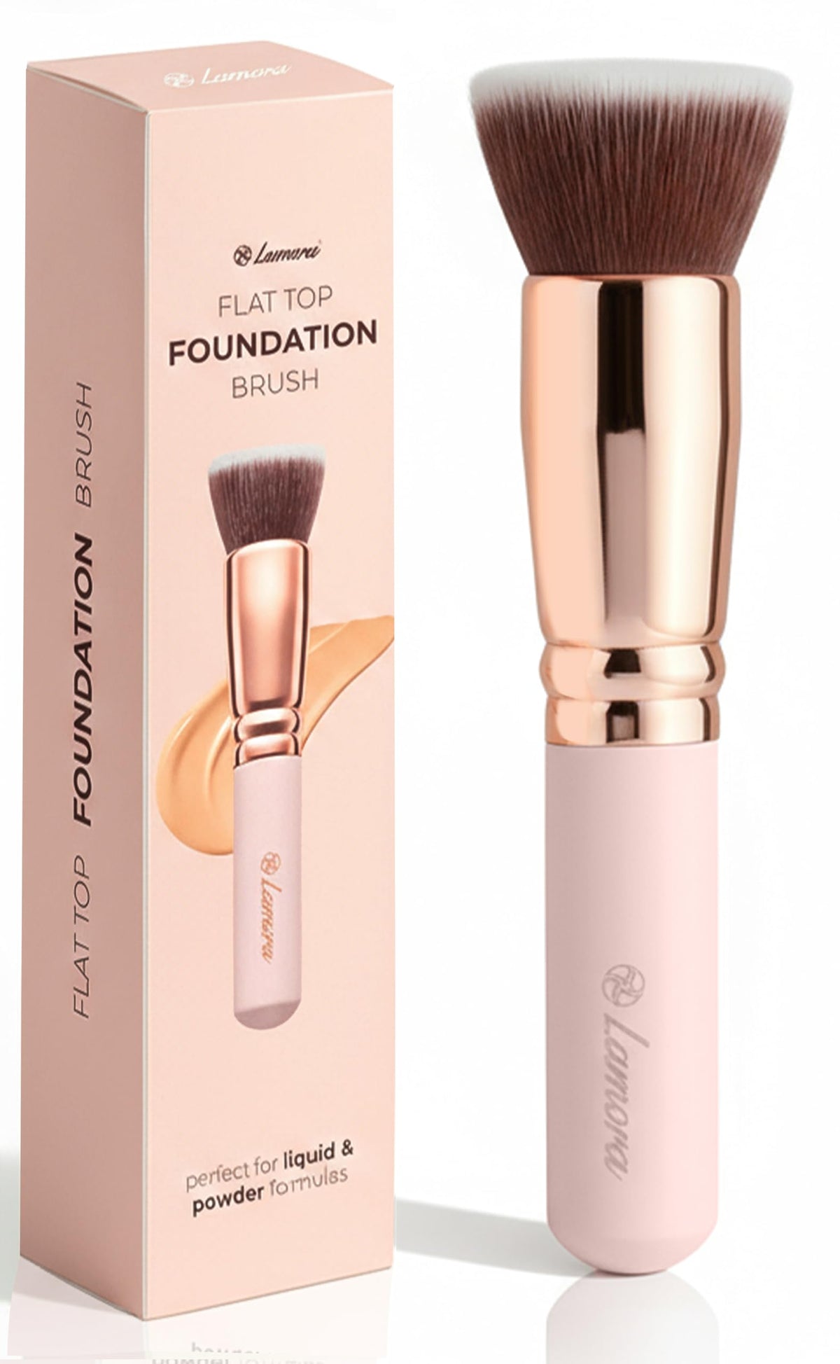 Lamora flat-top brush front view showing sleek shape and coverage benefit
