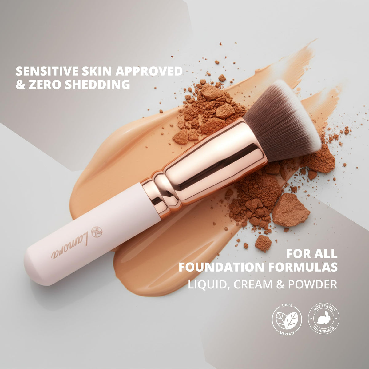 Lamora brush applying liquid foundation for smooth, streak-free finish