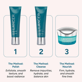 Lancer Skincare 4.2 fl oz next to ruler for size comparison and travel-friendly benefit