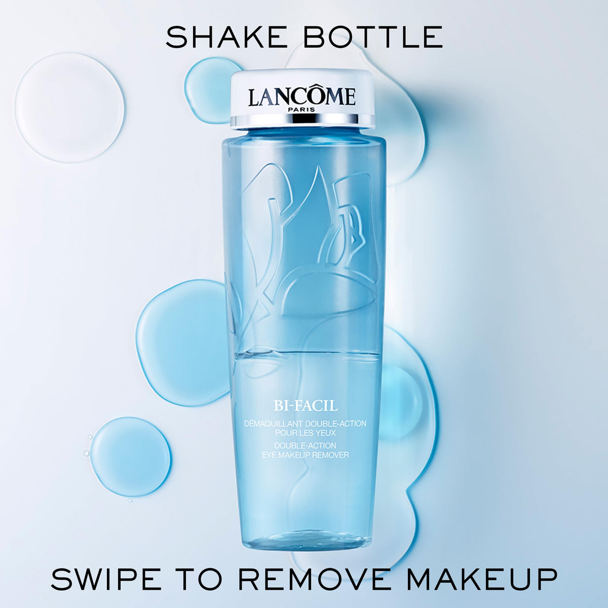 Lancôme Bi-Facil on a bathroom shelf among skincare items for convenient routine use